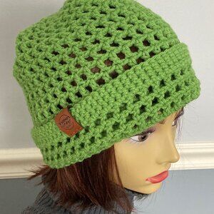 Grass Green Hand Knit / Crochet Mesh Style Winter Slouch Hat New